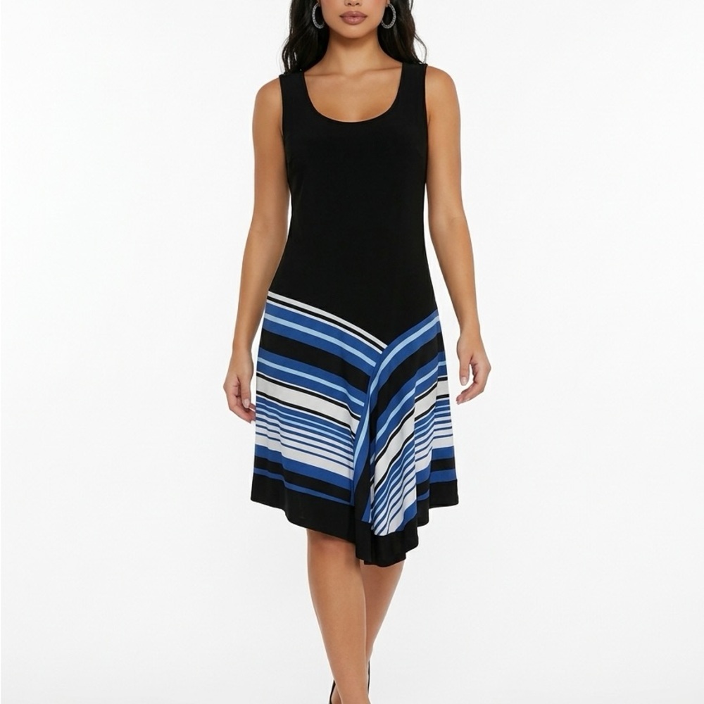 MSK Black Sleeveless Asymmetrical Dress with Blue & White Stripes